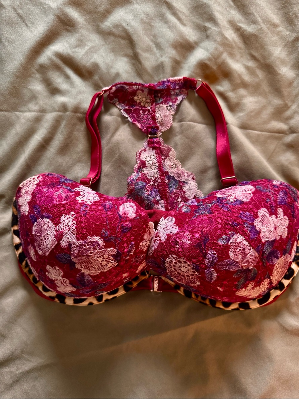 PINK Victoria's Secret Floral Lace Racerback Bra in Hot Pink and Multicolor